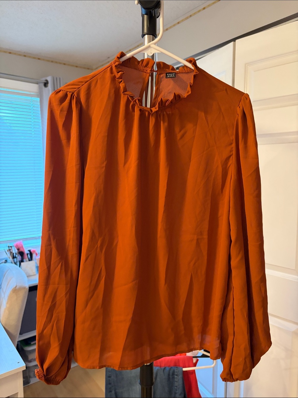 SHEIN Rust Ruffle-Neck Long Sleeve Blouse
